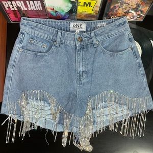 SHOWPO denim shorts with bling & sparkles! ✨✨✨